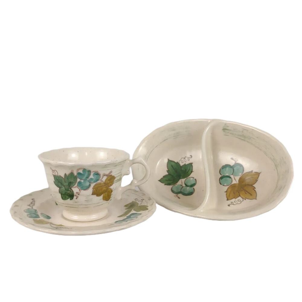 Vtg Metlox Vernonware VINEYARD Divided Jelly Dish Cup & Saucer Set Grapes Leaves